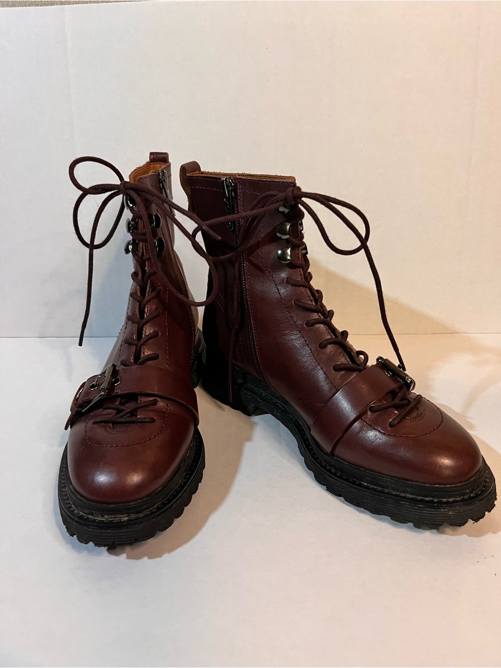 Women’s Burgundy Lace-Up Combat Booties with Buckle Strap